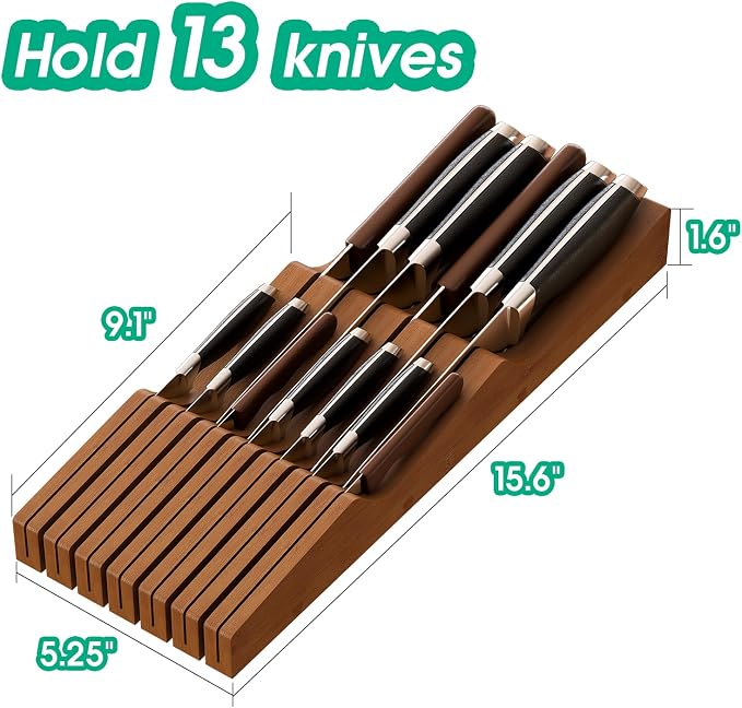 Knife Drawer Organizer (Brown, 13 Knives Organizer)
