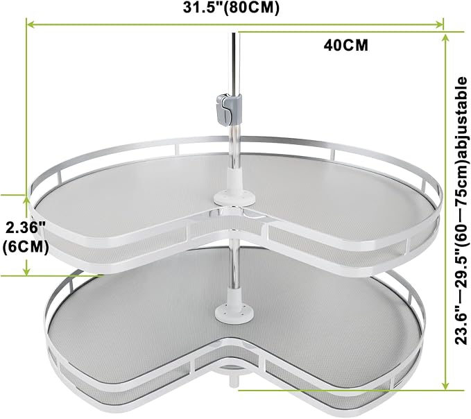 Blind Corner Cabinet Kidney Lazy Susan, Soft Close Rotary Cabinet Organizer 32inch, Corner Cabinet Lazy Susan for Blind Shelf, 2 Tiers Tray, Adjustable Height