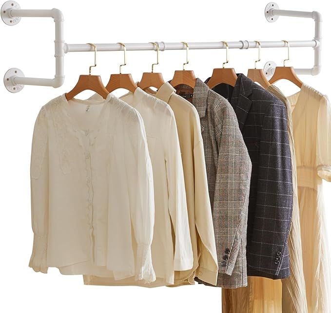 IBUYKE Industrial Pipe Clothes Rack, 50 Inch Wall Mounted Clothing Rack, Space-Saving Hanging Closet Rod, Heavy Duty Multi-Purpose Garment Rack for Closet and Laundry Room(4 Bases), White TYJ002W