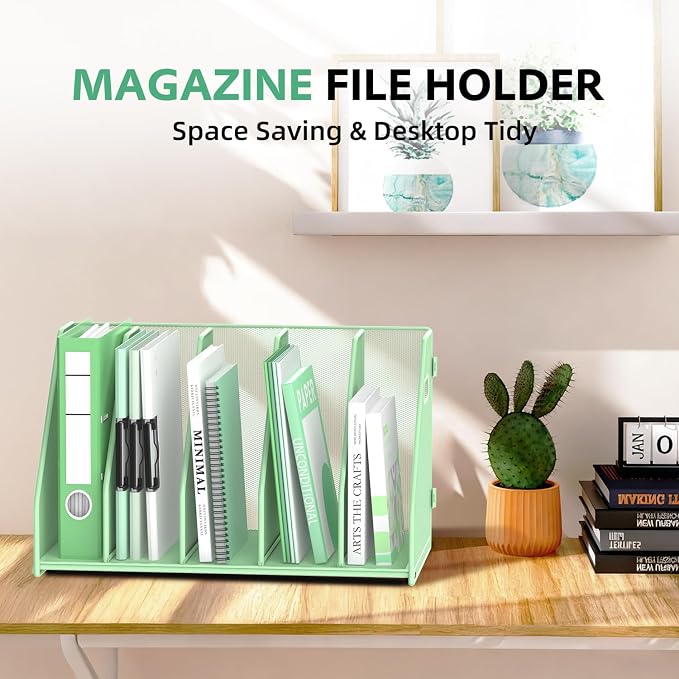SUPEASY Binder Organizer, Magazine File Holder with 5 Vertical Compartments Rack, Metal Desk File Organizer & Binder Holders, Magazine Organizers for Office Desktop, Home, School (Green)