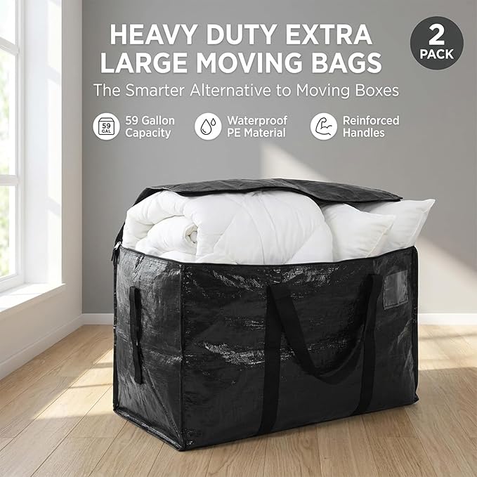 2 Pack Jumbo Packing Bags,58 Gallon Heavy Duty Extra Large Moving Bag, L 27*w 15*h 14inch Reusable Movings Bags Extra Large Moving Bag with Handles for College Movings Space-Saving, Shipping