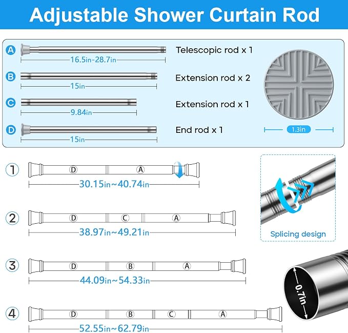 MEXAU 1 Pack Tension Curtain Rods 31-62 Inch,Adjustable Spring Tension Rods Silver Shower Curtain Rod No Drilling for Window, Bathroom, Closet, Room Divider, 7/8" Diameter