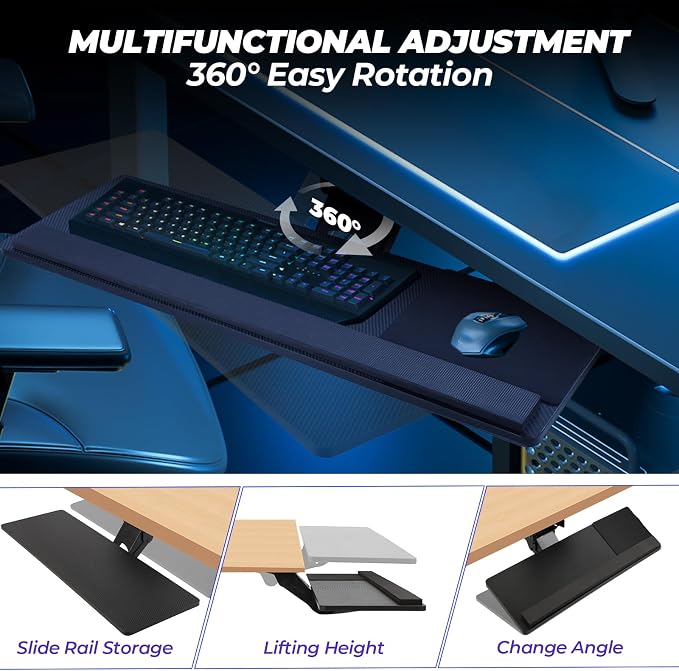 Keyboard Tray Under Desk,360° Adjustable Slide Out Keyboard Tray Under Desk | with Mouse Pad & Wrist Rest，Ergonomic Large Size Keypad Tray Holder， Suitable for Office/Game/Home