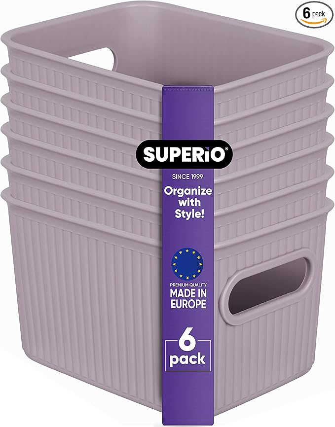 Superio Ribbed Collection - Decorative Plastic Basket Open Home Storage Bins Organizer, Small Lilac Purple (6 Pack) Container Boxes for Organizing Closet Storage Bins for Shelves 1.5 Liter