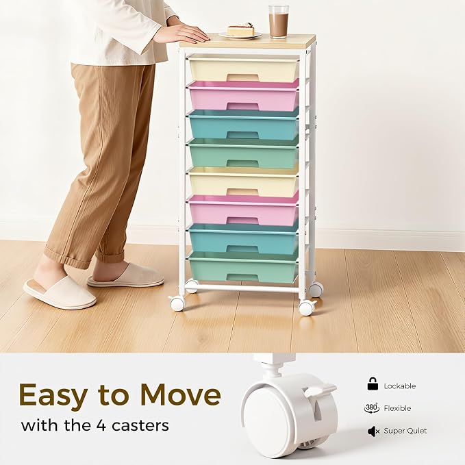 Rolling Cart with 8 Drawers, Plastic Drawer Storage Carts with Wheels & Wooden Tabletop, Metal Utility Cart Organizer for Bedroom Living Room Office Classroom Craft Organization and Storage, Colorful