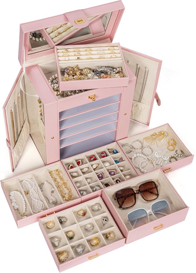 AKOZLIN 6-Tier Jewelry Box Organizer Functional 5 Drawers Leather Jewelry Storage Case for Women Girls Ring Necklace Earring Bracelet Holder Organizer with Mirror Light Pink Large