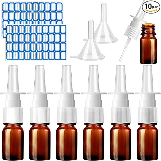 10 Pcs Nasal Spray Bottle, 5ML/0.17OZ 6 Pcs Brown Fine Mist Glass Empty Refillable Nasal Spray Bottle with 2 Funnels and 2 Labels