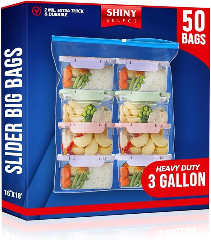 [ Pack of 50 3.5 Gallon Large Food Storage Bags with Reclosable Easy Open Close Slider Closure, 2 Mil Thick, Size 16"x18", for Food-Meal Prep, Organization & Storage