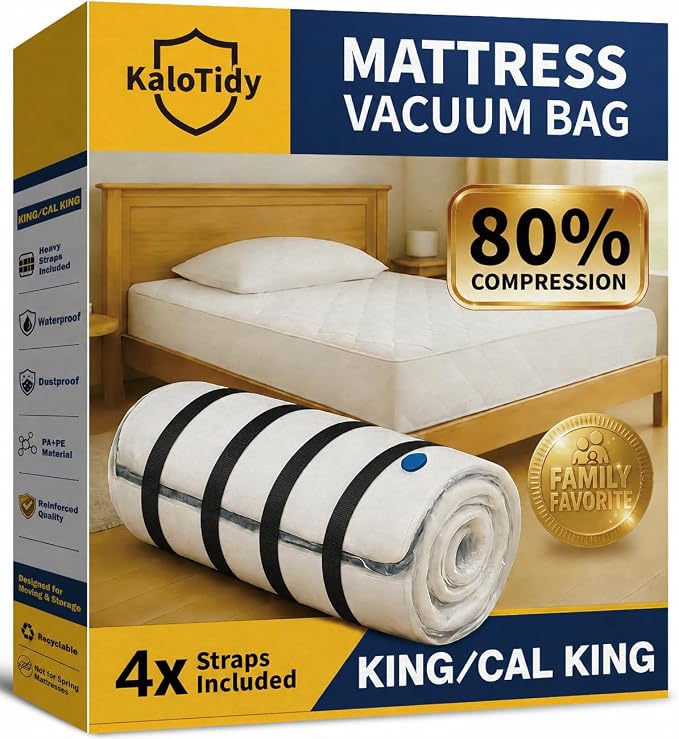 Memory Foam Mattress Vacuum Bag for Moving and Storage, Heavy-Duty Mattress Compression Bag with Adjustable Compression Straps and Dual-Zip Seal (King/Cal-King)