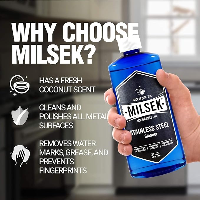 Milsek Stainless Steel Cleaner - Multipurpose Cleaning Supplies for Home and Kitchen Appliances, Sink, Stovetop, Dishwasher, Microwaves and Refrigerators - 12 Fl Oz (Pack of 2) with Microfiber Towel | Two bottles of stainless steel cleaner with microfi...