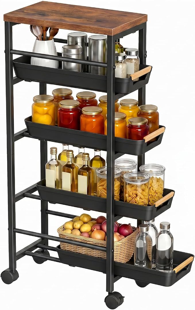 Pipishell Slim Rolling Storage Cart with Drawers & Lockable Wheels, 5 Tier Kitchen Cart with Safety Stops & Vented Design, Wood Top, Pull-Out Utility Cart for Kitchen, Bathroom, Laundry Room, Black