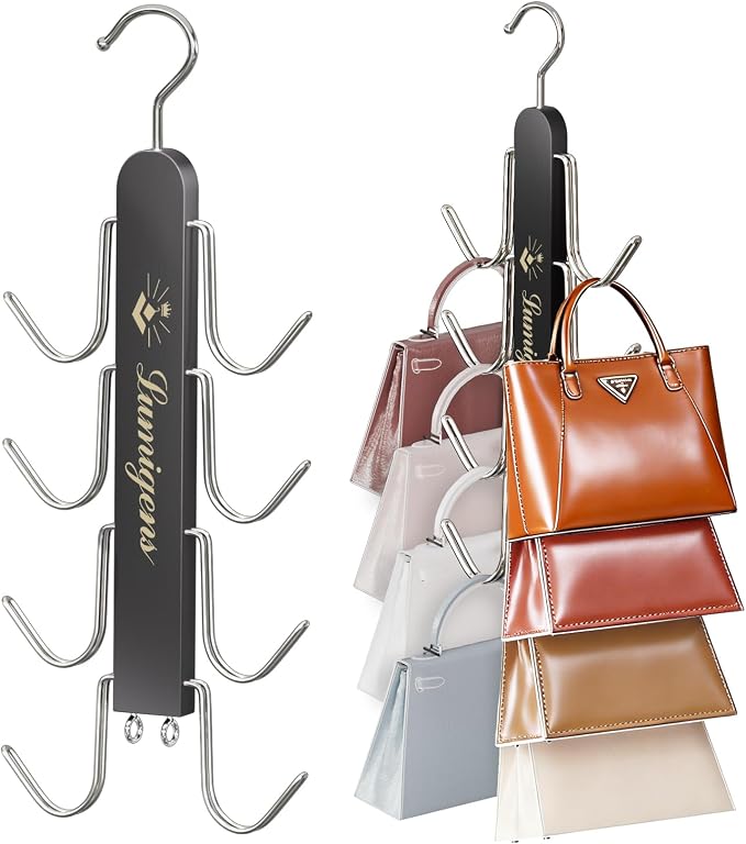 Purse Hanger, Purse Organizer for Closet with 8 Hooks for Heavy Bags, Sturdy Bag Storage, Rotatable Handbag Holder, Purse Rack Space Saving Backpack Hanging Closet Organizer Hangers, Black