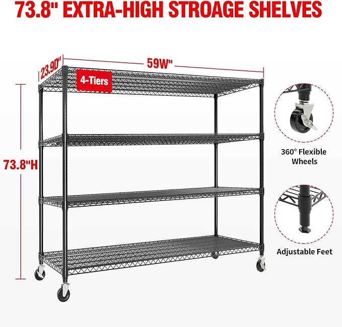 Metal Storage Shelving with Wheels, 4 Tiers Heavy Duty Rolling Storage Shelves with Adjustable Wire Racks, 59"W*74"H*24"D Garage Shelving Units, 2640LBS, for Kitchen Pantry Commercial Industrial,Black