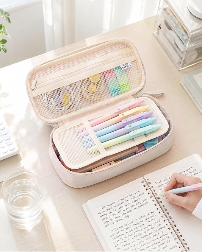 Four Candies Large Pencil Case, 5 Compartments Pen Organizer, Big Capacity Canvas Pencil Pouch Bag for School Supplies, Portable Stationery Holder for Teen Girls, Women (White)