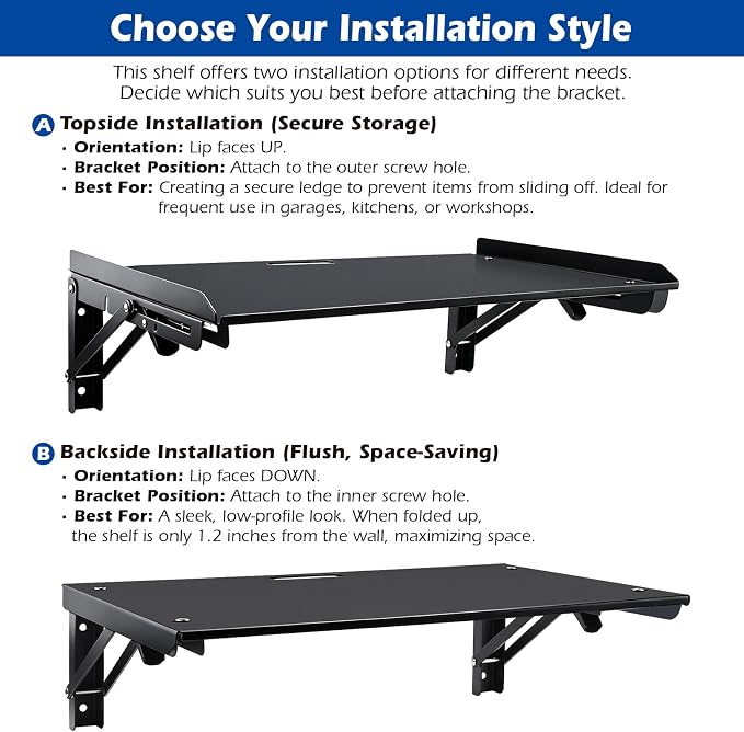 Folding Metal Floating Shelf, 16.9" x 11" Wall Mount Storage Rack with Lip, Heavy Duty Steel Fold Down Shelf for Garage, Kitchen, Bedroom, Office (Black)