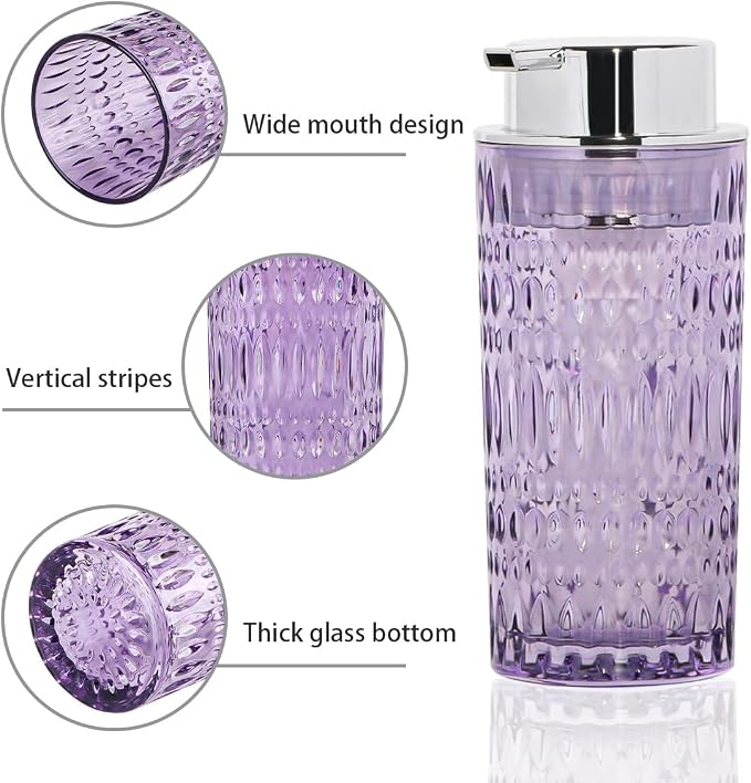 Foam Soap Dispenser, Glass Foaming Hand Soap Dispenser with Pump, 14 Oz Bathroom Refillable Liquid Lotion Pump Bottle Container for Kitchen Countertop Decor (1, Purple Silver)