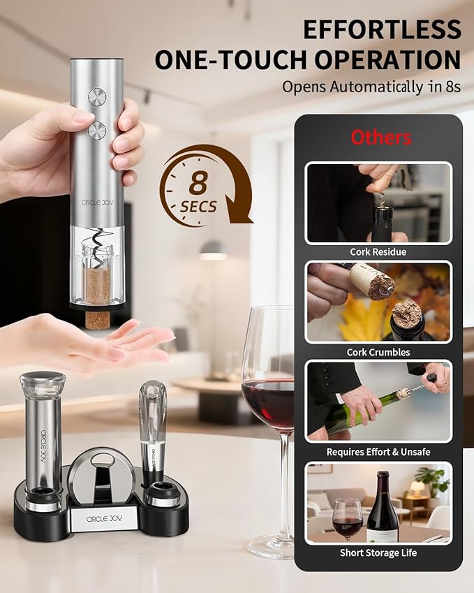 CIRCLE JOY Electric Wine Bottle Opener Set Stainless Steel Rechargeable Wine Opener 8-in-1 Wine Gift Set with Charging base, Foil Cutter, Wine Aerator Pourer, Vacuum Pump & 2 Wine Stoppers, Silver