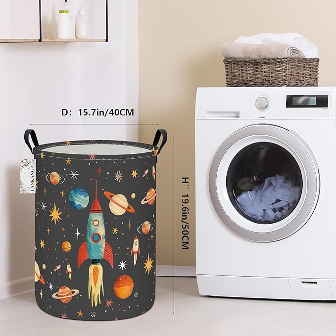 FANKANG Storage Basket, Nursery Hamper Canvas Laundry Basket Foldable with Waterproof PE Coating Large Storage Baskets for Kids Boys and Girls, Office, Bedroom, Clothes,Toys(Space rocket)
