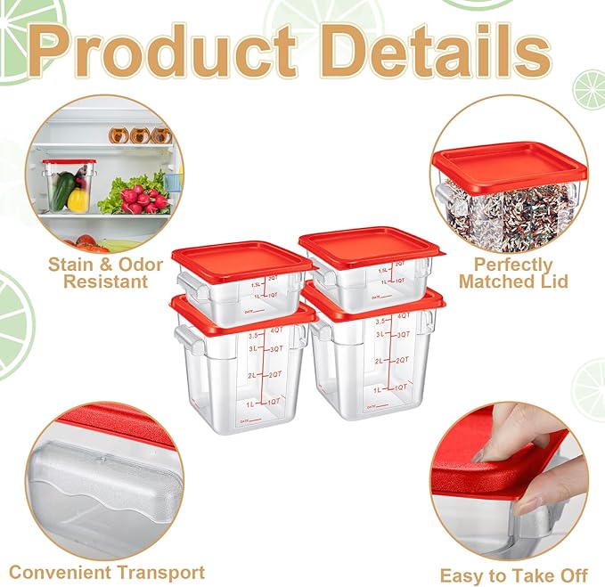 Barydat 4 Pcs Square Food Storage Containers with Lids Measurement Scales, 2qt & 4qt Clear Plastic Stackable Containers for Dough Proofing Baking Kitchen Restaurant and Pantry Organization(Red)