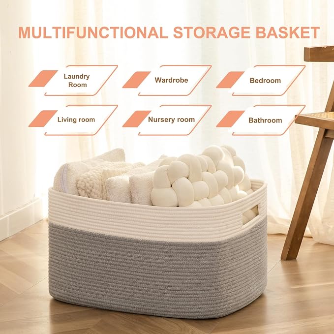 75L Large Cotton Rope Basket, Soft Toy Storage Bin for Nursery & Living Room, Decorative Blanket Basket for Bedroom, Baby-Safe Organizer for Pillows &Laundry, 22''×17''×12'', Grey and White