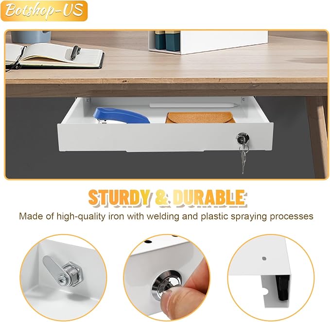 14" Under Desk Mounted Drawer, White Slide Out Pull-out Drawer Attachable Storage Drawers, Lockable Under Drawers for Sit Workstation Office