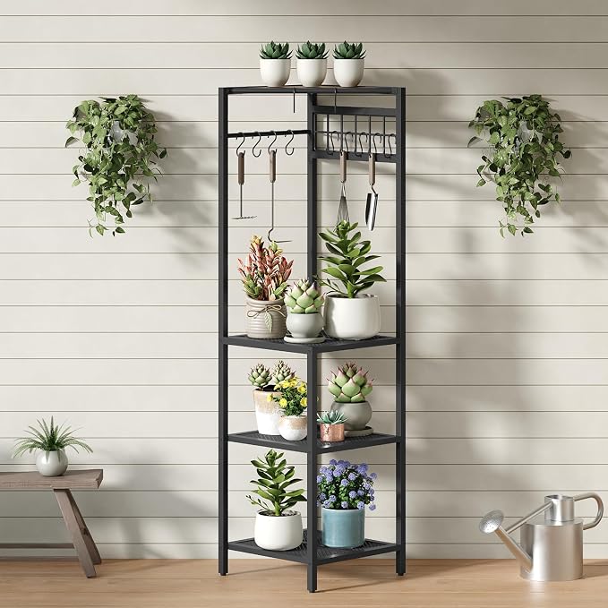 MAHANCRIS 4-Tier Pots and Pans Organizer with 10 Hooks for Kitchen Corner | Pots Rack, Cookware Stand, for Kitchen, Dining Room, Pantry, Rustic Brown