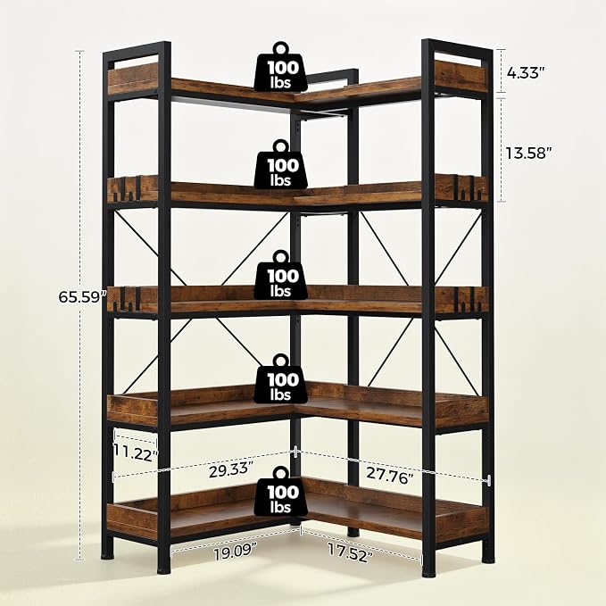 GTPLAYER 5-Tier Corner Bookshelf, L-Shaped Metal Frame Shelf with Tall 14" Shelves, Plant Stand and Storage Rack for Small Spaces, Living Room and Home Office, Brown