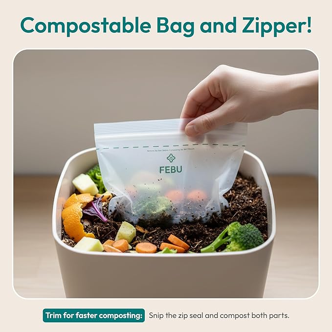 FEBU Gallon Compostable Food Storage Bags, 60 Count | Certified Home Compostable & Biodegradable | PFAS & BPA Free Zipper Bags | Leak-Proof & Resealable | 10.56” x 10.75”
