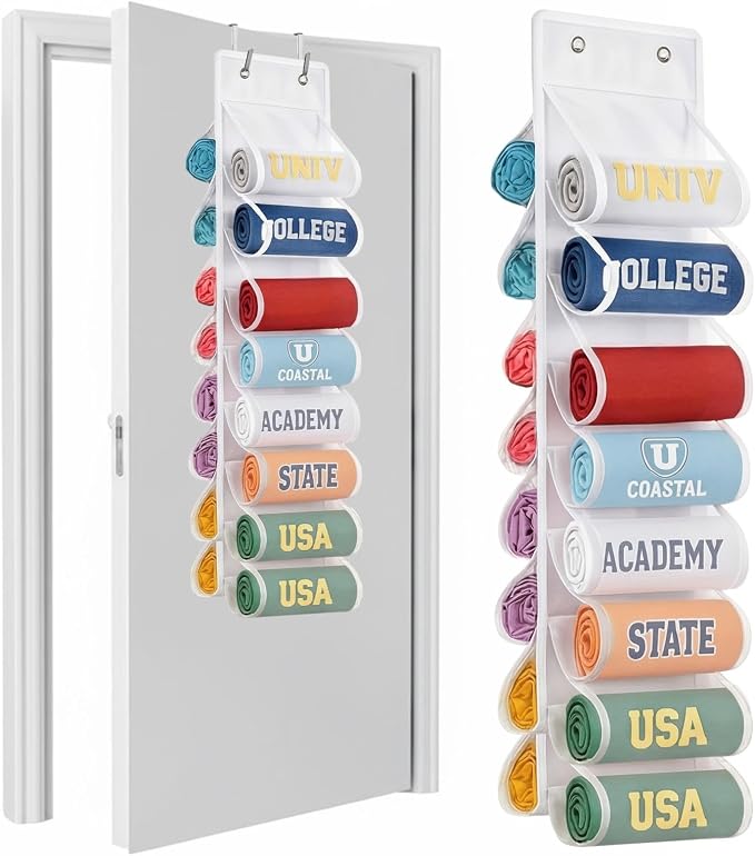 Over The Door Hoodie Organizer, Double Sided Holds 16 T-Shirts, White Hanging Storage with 2 Hooks and Rope for Door Closet Cabinet Use, Ideal for Dorm Rooms Bedroom (White)