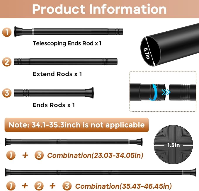 2 Pack Spring Tension Curtain Rods 24-46 Inches, Spring Loaded Curtain Rods No Drilling, Adjustable Expandable Tension Rod for Window Doorway Kitchen Curtain Bedroom Closet, Black
