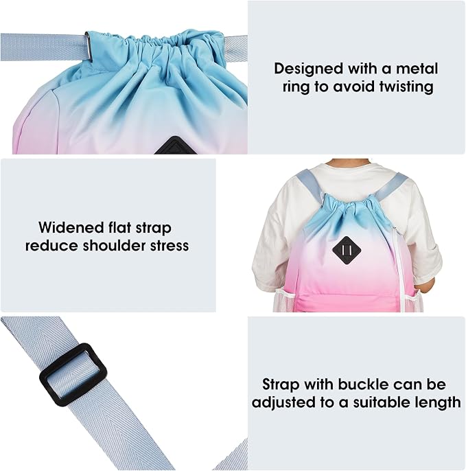 WANDF Drawstring Backpack with Shoe Compartment, Sports Gym Bag | Multi-Pocket Storage, Water-Resistant Fabric, Cinch String Bag