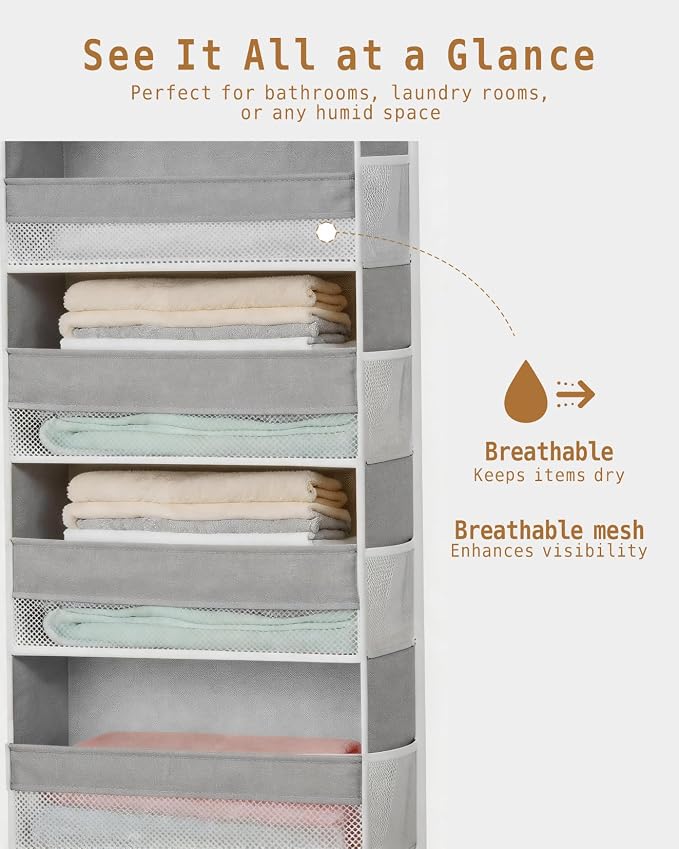 KMSCO Over The Door Organizer, 6 Large Pockets + 13 Mesh Side Pockets, Hanging Storage, 55lbs Capacity, Heavy Duty Non-Woven Fabric for Baby Nursery, Bathroom, Pantry, Closet, Grey, 1 Pack