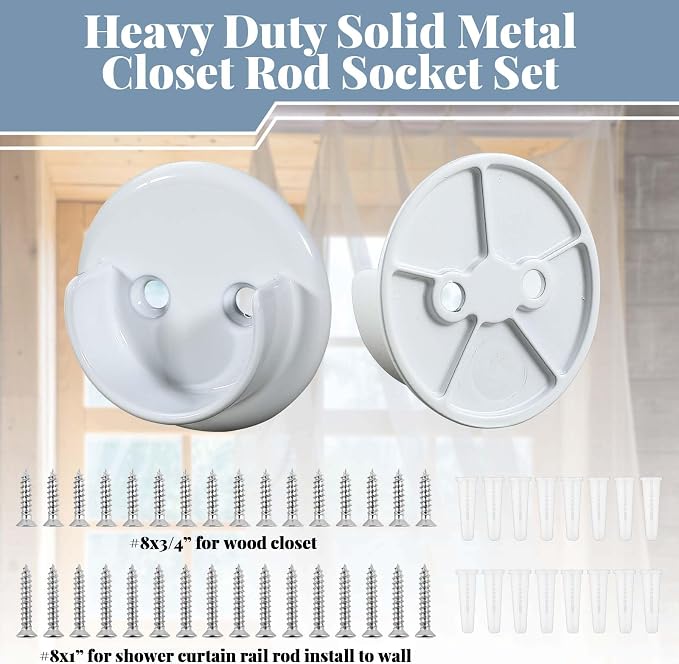 Yaocom 4 Pairs Matte White Metal Closet Rod Bracket Set Heavy Duty Closet Pole Socket Accept 1-3/8 Diameter with Screw on Attachment for Wardrobes Shelf