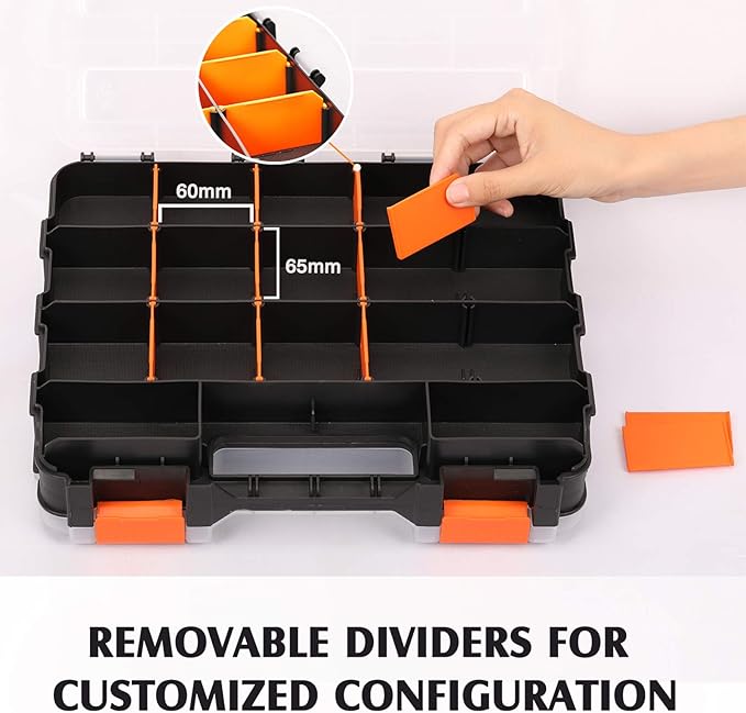 MIXPOWER 34-Compartments Double Sided Organizer with Impact Resistant Polymer and Customized Removable Plastic Dividers, Storage and Carry, Black/Orange