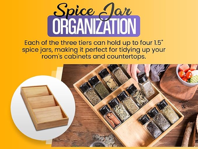 YBM HOME & KITCHEN In-Drawer Bamboo 3 Tier Spice Rack Drawer Tray - Spice Storage / Organization #316