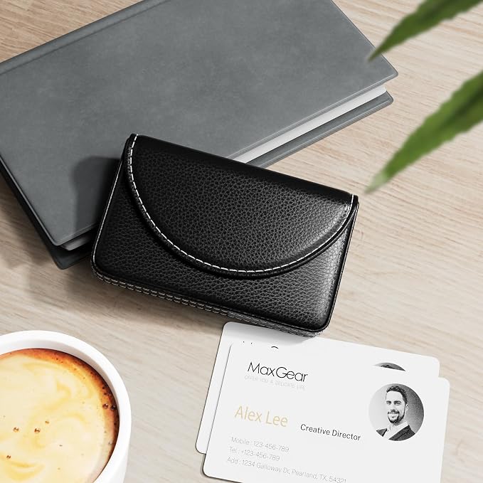 MaxGear Business Card Holder Case, PU Leather Business Card Case, Black | Pocket Name Card Holder Wallet for Purse, Portable Business Card Carrier with Magnetic Closure, Slim Stylish Men Women Gift