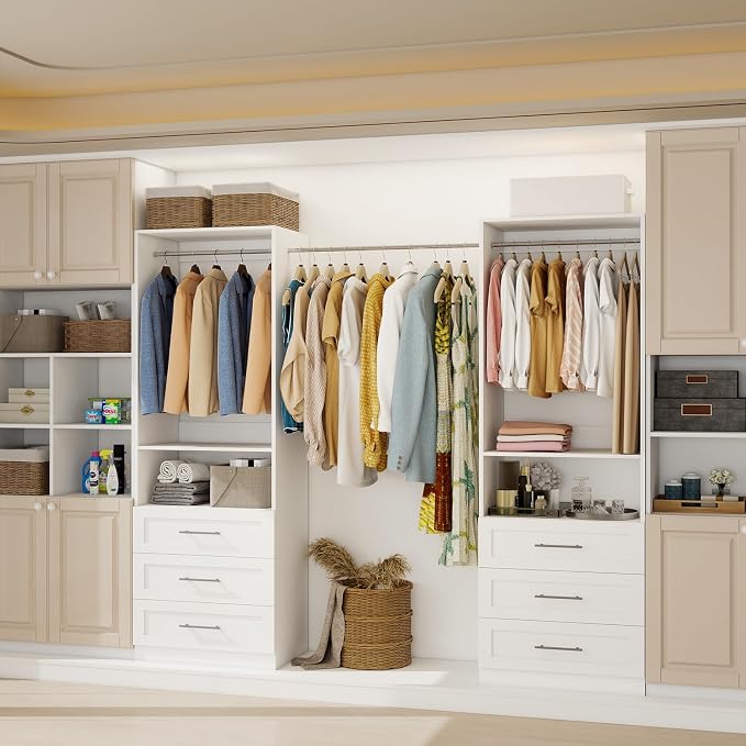 Closet System with Wooden Drawers, 6FT Closet Organize System with Drawers & Hanging Rods &for Walk in Closets, 3PCS*24" Freestanding Closet System, White(6FT)