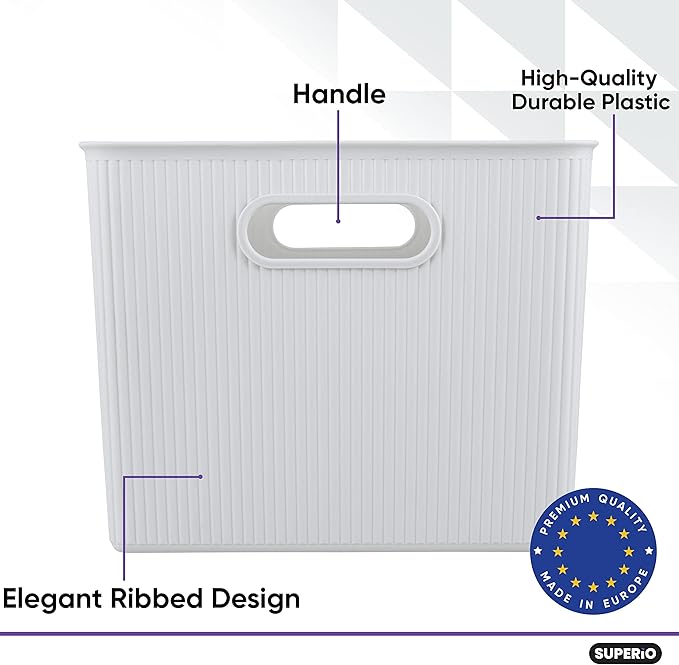 Superio Ribbed Collection - Decorative Plastic Basket Open Home Storage Bins Organizer, X-Large White Smoke (1 Pack) Container Boxes for Organizing Closet Storage Bins for Shelves 22 Liter/23 Quart