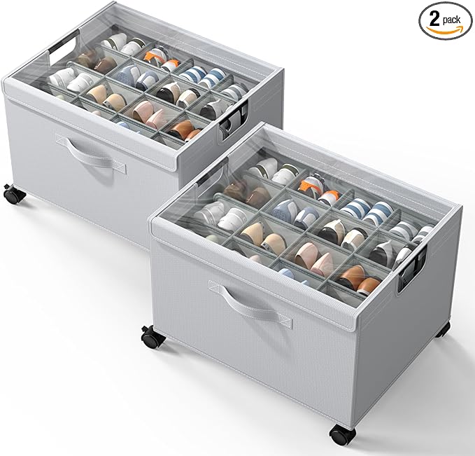 HOUSE AGAIN 2 Pack Shoe Organizer for Closet, Shoe Storage Organizer with Reinforced Metal‑Steel Frame, Lockable Wheels & Clear Cover, Foldable Shoe Box for Closet and Entryway, Gray