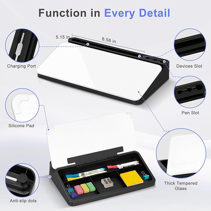 Small Desktop Glass Whiteboard with Storage, Desk Dry Erase White Board | Computer Keyboard Stand, Office Desk Organizers and Accessories with Drawer, To Do Memo Notepad, Home School Supplies