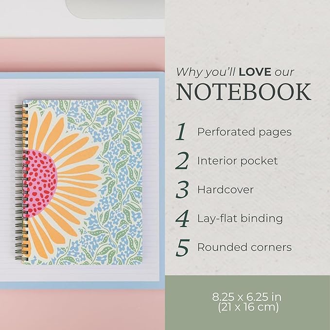 Steel Mill & Co Cute Mini Spiral Notebook, 8.25" x 6.25" Journal with Durable Hardcover and 160 Lined Pages (Sunflower)