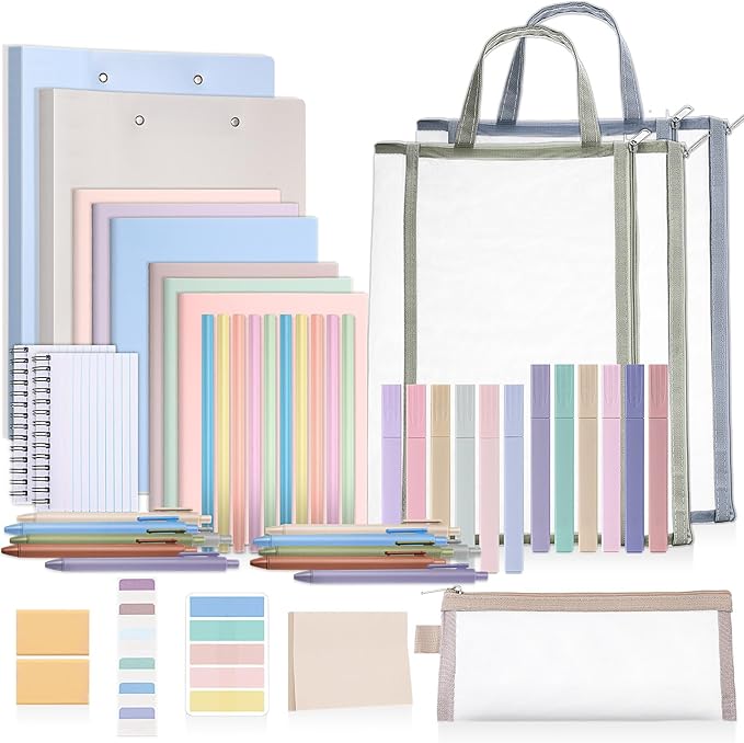 Colarr 54 Pcs Cute Notebook Stationery Set for Women, Bible Study Supplies, 6 Lined Notebooks, 36 Pens, Sticky Notes & Tabs, Bags & Folders for Work Journal Study College Office Supply(Morandi)