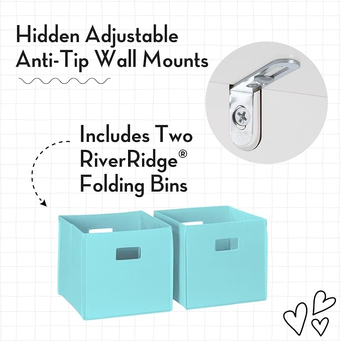 RiverRidge Kids Bookshelf with Veggie Storage Bin and 2 Open Shelves and 2 Aqua Fabric Bins - Kids Storage Organizer, Toy Shelf & Book Shelf