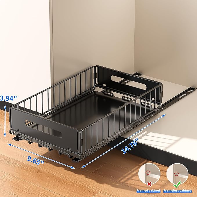 PureBox Pull Out Cabinet Organizer, Slide Out drawers for cabinets, Heavy Duty Carbon Steel Roll Out Shelves for kitchen, bathroom, pantry (14.7’’-23.1’’ Slide, Adhesive & Screw), Black (1)