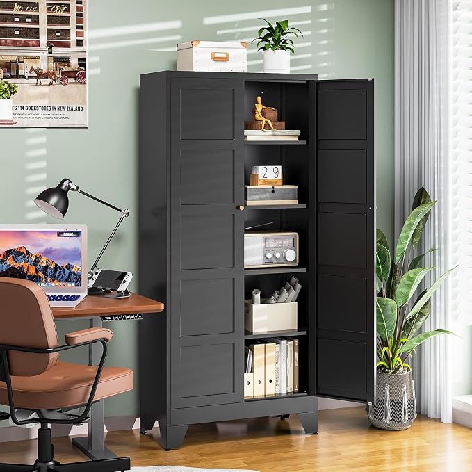 Letaya 72" H Metal Storage Cabinet with 2 Doors and 4 Shelves,Tall Kitchen Pantry Cabinets,Utility Pantry Organizers for Cupboard/Dining/Bathroom/Home Office/Garage (Black, 72" H x 18" D x 33.5" W)
