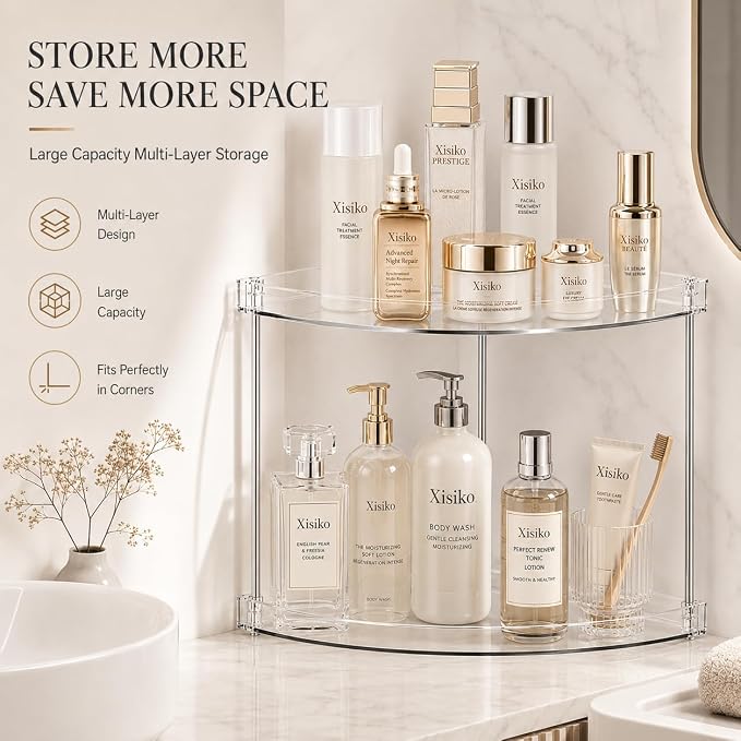 2 Tier Clear Corner Bathroom Counter Organizer, Vanity Countertop Storage Shelf for Makeup, Skincare, Perfume, Kitchen & Sink Organization, Space‑Saving Triangular Design, with Metal Support