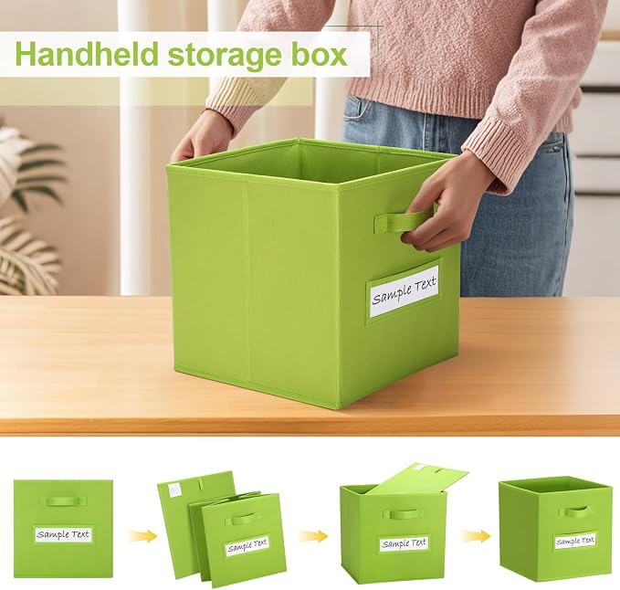 Fabric storage cubes (8 Pack) 13 Inch Cube Storage Bin, cube organizer bins with 8 Labels Window Cards & a Pen, Foldable cube organizer bins and Storage Box, lime green
