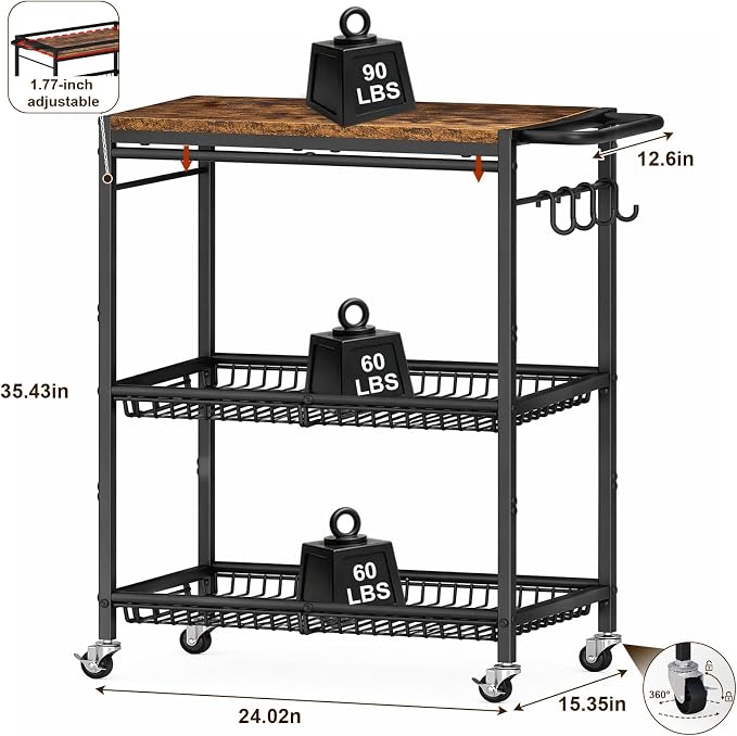 Microwave Kitchen Rolling Cart, 35.43" H Microwave Table Stand with Lockable Wheels, Utility Cart with Adjustable Shelf for Small Kitchen Island, Coffee Bar Table, Appliance Storage, Bakers Rack