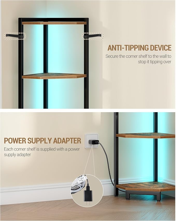 Hzuaneri Corner Shelf with LED Light 6 Tier Corner Bookshelf Standing Shelf | Tall Narrow Display Bookcase with Metal Frame for Small Space, Living Room, Home Office, Bedroom, Rustic Brown CS66501B
