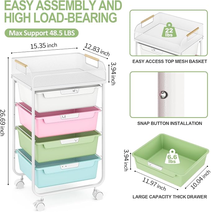 SYKIARIOL Rolling Cart with 4 Drawers,4 Tiers Rolling Utility Cart Craft Cart,Rolling Storage Drawer Cart with Mesh Top,Storage Cart with Drawers & 4 PCS DIY Lable, Classic Colorful